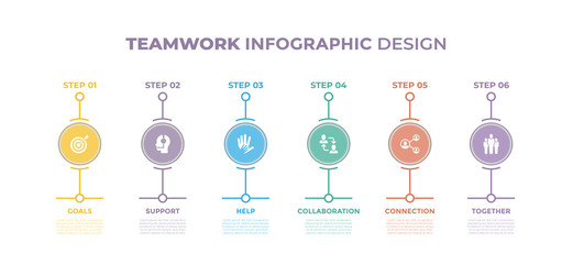 Modern design elements for Teamwork concept Multicolor infographics.Timeline with 6 steps, options, Circles. Vector template