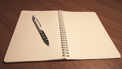 notebook and pen on wooden background