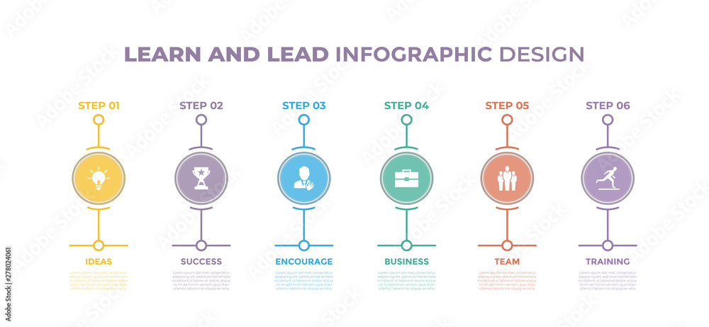 Poster modern design elements for learn and lead concept multicolor infographics.timeline with 6 steps, opt