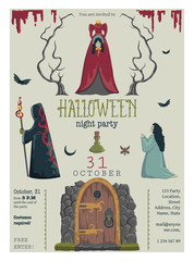Halloween night party invitation. Creepy characters and decorations. Design template for greeting card, wallpaper, poster, flyer. Vector illustration