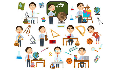 Set curly boy. School student in different lessons: science, history, sports, art, maths, English, information technology, music. Conducting experiments. Cute Vector Illustration