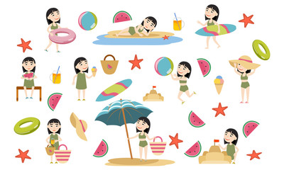 Set Asian girl in swimsuits on the beach. Summer holidays. Beach relax, games and surfing. Vector illustration