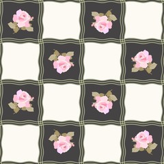 Seamless checkered pattern with rose flowers. Patchwork style. Print for fabric, ceramic tile.