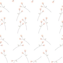 Seamless elegant ditsy pattern with little branches with orange buds on white background.