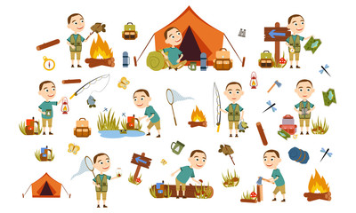 Set boy with a short hairstyle tourist nature. Camping. Fishing, overnight, picking mushrooms, fun and relaxation. Children's camp. Scouts. Cute Vector Illustration