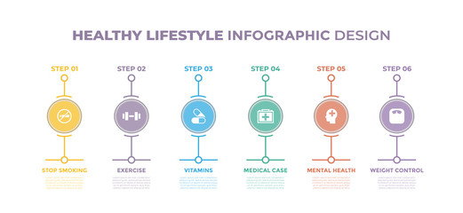 Modern design elements for Healthy Lifestyle concept Multicolor infographics.Timeline with 6 steps, options, Circles. Vector template