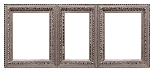 Triple silver frame (triptych) for paintings, mirrors or photos isolated on white background