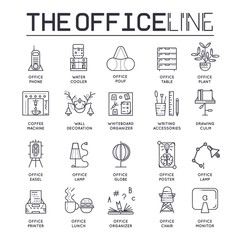 Set of office interior thin line icons, pictograms.