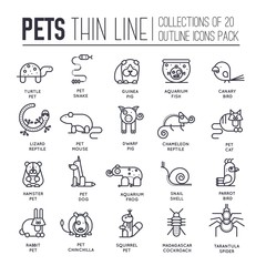 Set of adorable pets thin line icons, pictograms.
