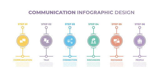 Modern design elements for Communication concept Multicolor infographics.Timeline with 6 steps, options, Circles. Vector template
