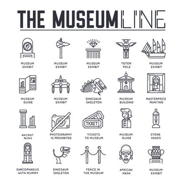 Set of museum building and objects thin line icons.
