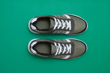 Top view of pair of sport sneakers footwear on green background