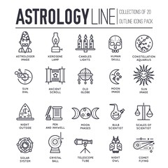 Set of astronomy and astrology thin line icons, pictograms.
