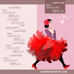 Chocolate bar package design  with cancan dancer girl. Easy editable packaging template.