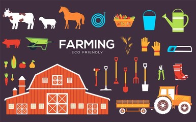 Set of farm equipment, tools, animals, plants.