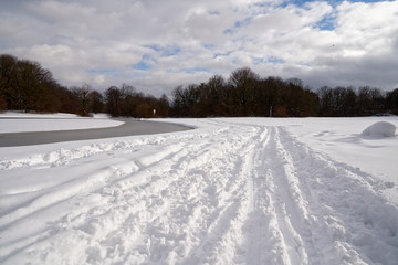 Fototapeta na wymiar Langlauf loipe, cross-country skiing in Munich (München) Ostpark