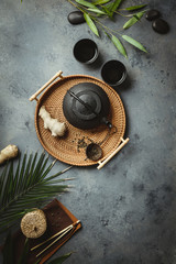 Fototapeta na wymiar Traditional Asian tea ceremony arrangement, flat lay