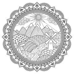 Doodle pattern in black and white. Landscape in round frame - mountains, rivers, fields, hills, windmills, sun and cloud - coloring book for children. Circular ornament in form of mandala.