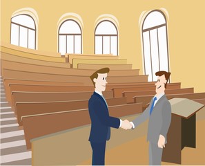 Two men shake hands.University,lecture hall .Vector image.