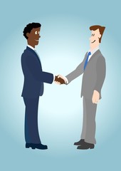 Two men of African and a European shaking hands with each other.Vector image.