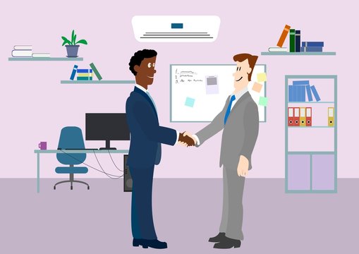 Two men of African and a European shaking hands with each other.Work office .Vector image.