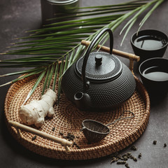 Traditional Asian tea ceremony arrangement, top view