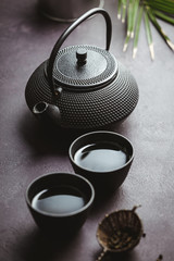 Obraz na płótnie Canvas Traditional Asian tea ceremony arrangement, top view