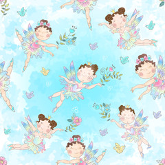 Seamless pattern with cute little magical fairies. Vector © Olga