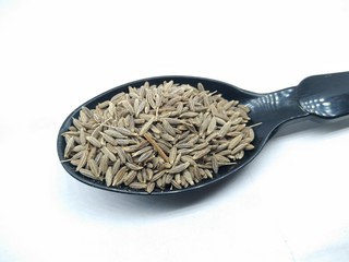 A picture of cumin on black spoon