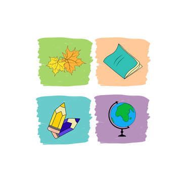 Back to school concept. Four pastel color boxes with vector illustrations of supplies. Globe students workbook pencils maple leaves. Doodle sketchy style trendy palette