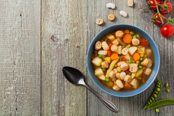 Minestrone soup with crostini.