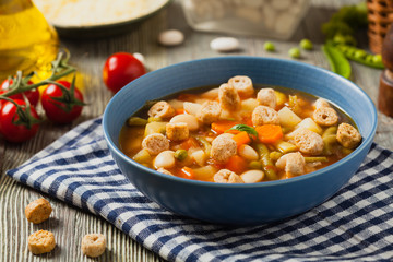 Minestrone soup with crostini.