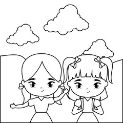 cute little student girls in landscape scene