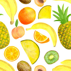 Watercolor exotic tropical fruits seamless pattern. Hand drawn banana, pineapple, kiwi slice, peach, orange isolated on white background for food package design, textile, print, cover, wrapping, cards