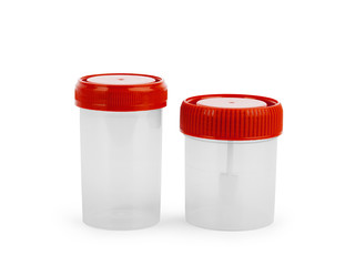an empty plastic jar with a green lid for medical tests and material collection, on a white background. The concept of medicine, laboratory research