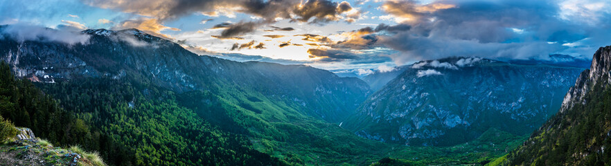 Fototapeta premium Montenegro, XXL panorama of tara river canyon nature landscape from aerial view of mount curevac in spectacular dawning light in durmitor national park near zabljak