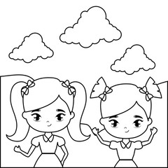 cute little student girls in landscape scene