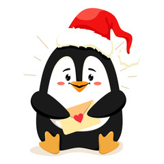 Fototapeta premium A cute and cheerful little penguin in a red Santa hat with an envelope is waiting for Christmas. Vector illustration in cartoon style on a white background.