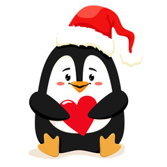 A cute and cheerful little penguin in a red Santa hat with a heart in her paws is waiting for Christmas. Vector illustration in cartoon style on a white background.