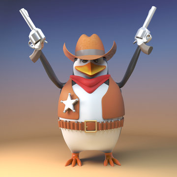 Angry cowboy penguin sheriff fires both his pistols in the air in the Wild West, 3d illustration