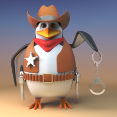 Wild west sheriff cowboy penguin is about to arrest a villain with his handcuffs drawn, 3d illustration