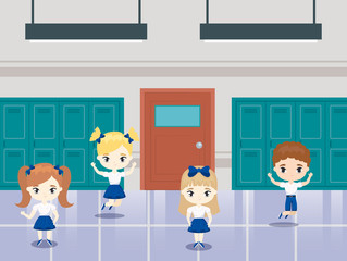 cute little students in school corridor