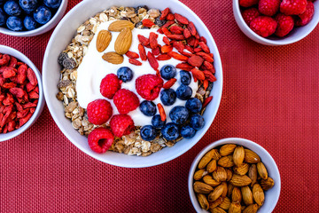 Healthy Breakfast Bowl of Muesli With Fresh Fruit and Nuts