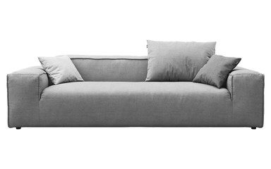 Modern gray fabric sofa with pillows. 3d render