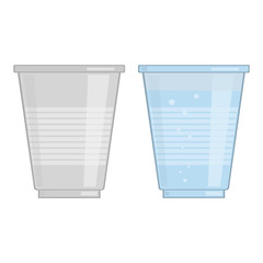 Plastic cups. Transparent and with water. Abstract concept, icon set.