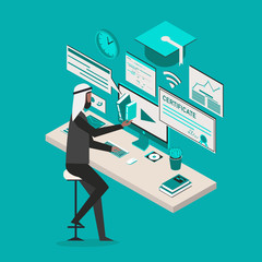 Professional vector flat images of Online Education with Arabian man for website and mobile website.Web page design templates. Easy to edit and customize. Conceptual illustration. Blue background.