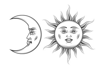 Hand Drawn Art Sun and Crescent Moon Engraving Illustration © bogadeva1983