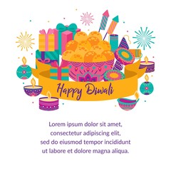 Happy diwali. Festival of light, greeting card. Diwali colorful posters with main symbols. Deepavali light and fire festival. Indian deepavali hindu festival of lights. Vector illustration.