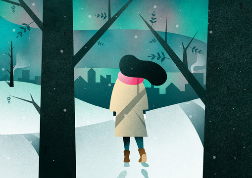 Illustration of woman walking on snowy landscape
