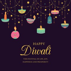 Happy diwali. Festival of light, greeting card. Diwali colorful posters with main symbols. Deepavali light and fire festival. Indian deepavali hindu festival of lights. Vector illustration.